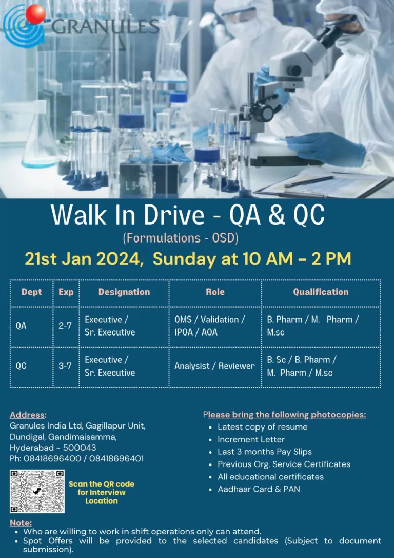 Granules India Limited - Walk-In Interviews for QC & QA Departments on 21st Jan 2024